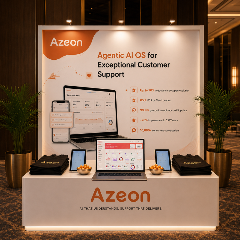 Azeon trade-show booth with a large poster, laptops and devices on a white counter, and branded cushions and plants nearby.