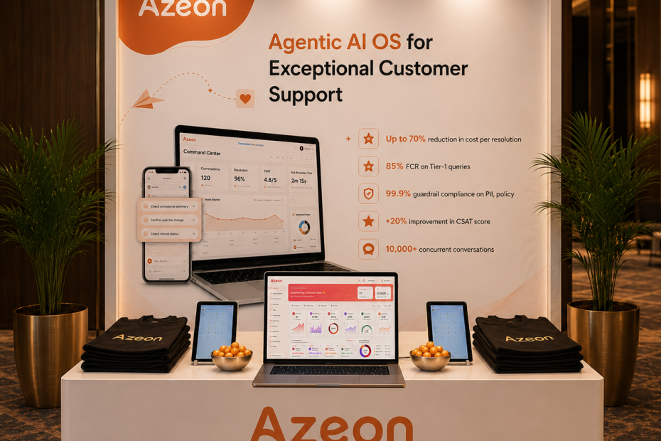 Azeon trade-show booth with a large poster, laptops and devices on a white counter, and branded cushions and plants nearby.