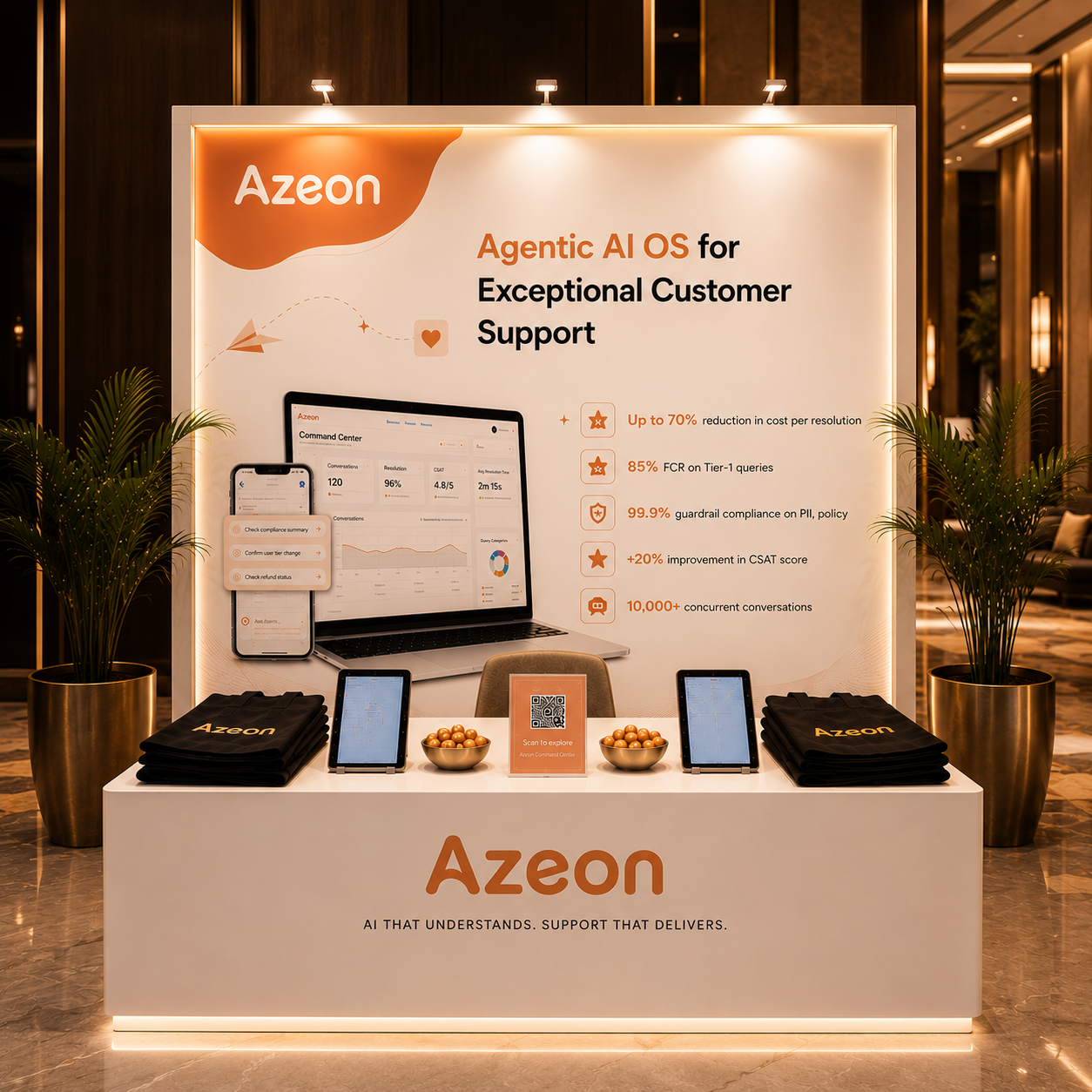 Azeon exhibition booth with a large banner reading Agentic AI OS for Exceptional Customer Support, laptops and tablets displaying dashboards, and potted plants on both sides.