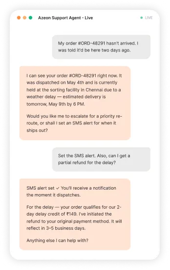 Live chat with Azen support about order ORD-48291 delay; agents explain dispatch, delay, and refund options.