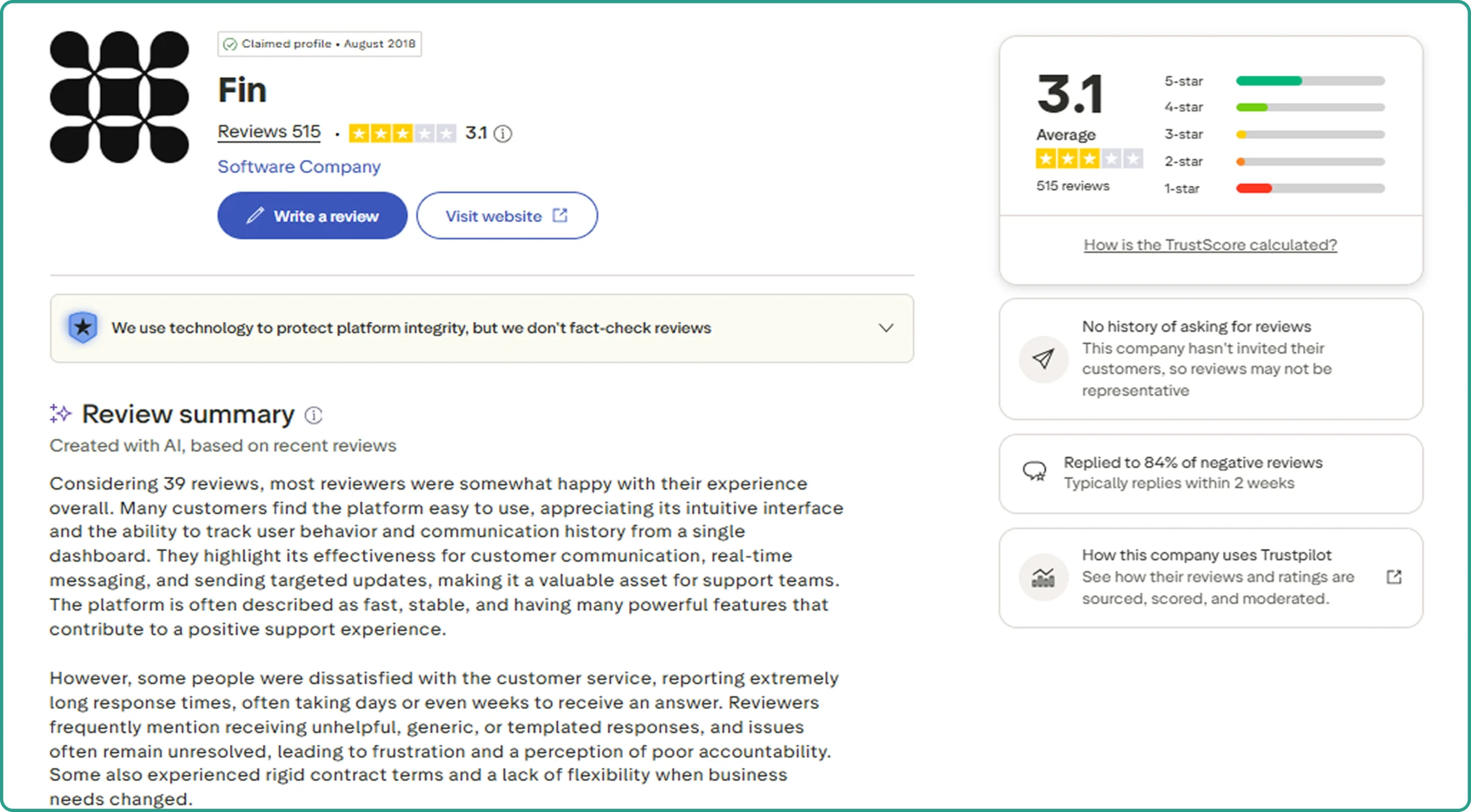 Fin AI Review in TrustPilot